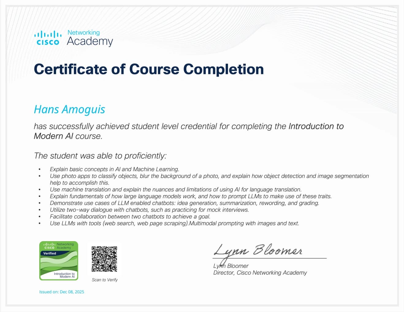 Introduction to Modern AI — certificate artifact
