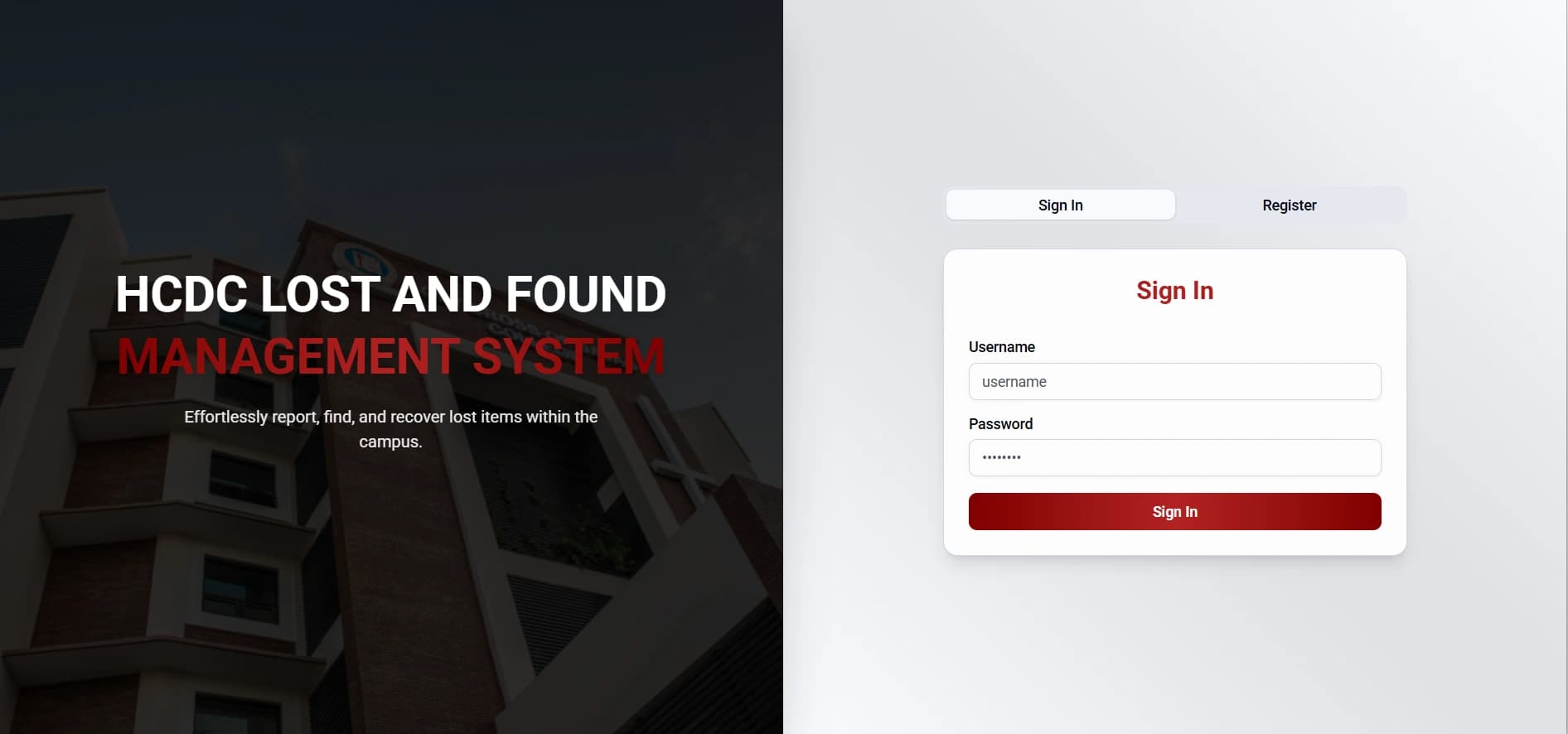 Lost and Found Management System — application screenshot